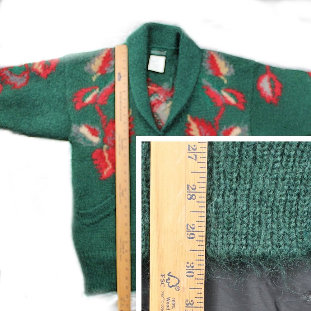 Vintage 90s Mohair Cardigan Sweater Shawl Collar Ribbed Knit Green Leafs Pockets - Picture 10 of 12